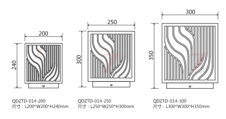 (QDZTD-014)古铜拉丝割花方形矮柱柱头灯200mm、250mm、300mm尺寸示意图