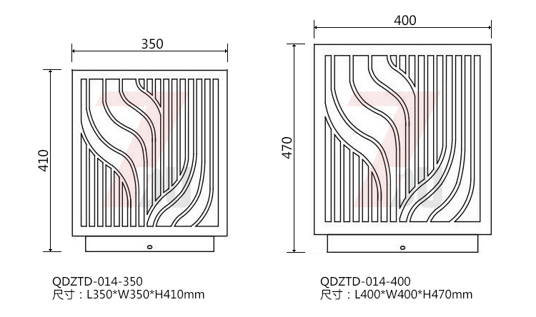 (QDZTD-014)古铜拉丝割花方形矮柱柱头灯350mm、400mm大规格尺寸示意图
